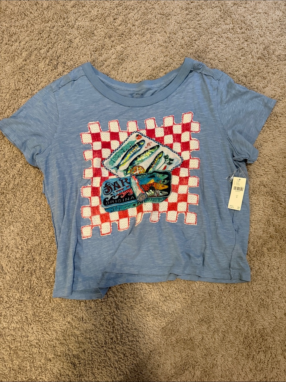 Maeve Light Blue Graphic Short Sleeve Tee with Red Checkerboard